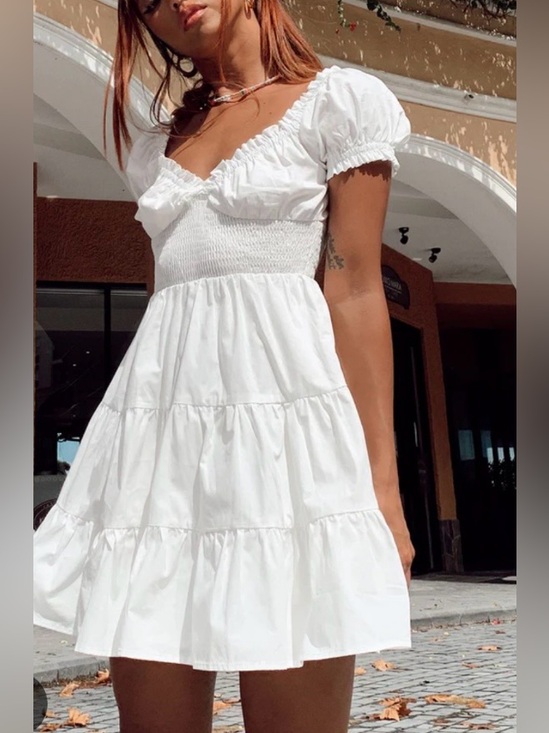 Princess Polly Dresses & Skirts - Princess Polly|White Smocked Puff sleeve tiered ruffle mini Dress,cottagecore•••